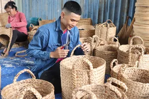 Công nhân đan sản phẩm từ lục bình tại Công ty TNHH Sản xuất Thương mại Hiệp Hòa (xã Long Hải, TPHCM. Ảnh: QUANG VŨ