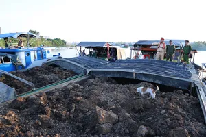 Cán bộ Đội Cảnh sát đường thủy số 2 phối hợp Công an xã Bình Hoà kiểm tra số khoáng sản trên các phương tiện