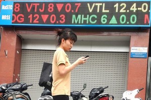 A woman walks past an electronic board showing share prices at Bao Viet Securities Co on Ba Trieu street in Hanoi (Photo: VNA)