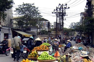 Street vendors sell fruits and vegetables at a ’makeshift’ market on Dong Tac Street, Dong Da district (Photo: VNA/VNS)