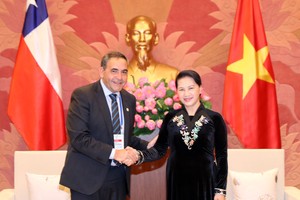 National Assembly Chairwoman Nguyen Thi Kim Ngan (R) receives President of the Chamber of Deputies of Chile Fidel Espinoza Sandoval in Hanoi on January 20 (Photo: VNA)