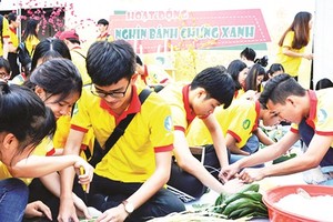 Thousands of students wrap banh chung in volunteer spring 2019 to gift disadvantaged people (Photo: SGGP)