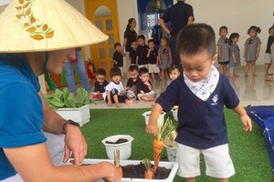 Helping children to get familiar with the nature in the Kindy City International Kindergarten. Photo by Hoang Hung