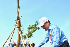 Secretary of HCMC Party Committee Nguyen Thien Nhan plants trees at the launching ceremony (Photo:Viet Dung)
