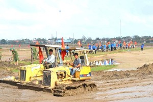Quang Tri Province mobilized forces to clear up the sand and soil to fill the fields after the floods.