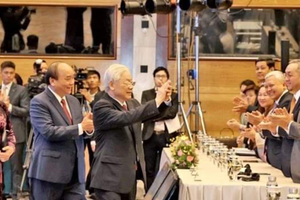 Party General Secretary and State President Nguyen Phu Trong, Prime Minister Nguyen Xuan Phuc, and Chairwoman of the National Assembly Nguyen Thi Kim Ngan attend the opening ceremony of the 37th ASEAN Summit. (Photo: VNA)
