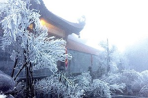Snowfall covers Fansipan peak