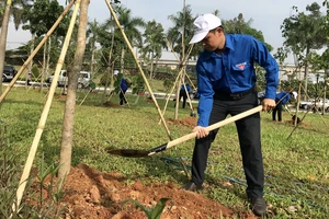 Các bạn thanh niên, học sinh hưởng ứng lễ tết trồng cây 2018. Ảnh: KIỀU PHONG