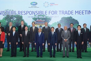 阮春福總理與APEC 21個經濟體貿易部長或代表合影留念。（圖源：互聯網）