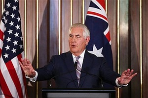 美國國務卿蒂勒森在澳大利亞政府召開的新聞發佈會上發表演講。（圖源：互聯網）