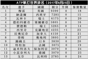 圖為ATP單打世界排名（2017年6月25日）。