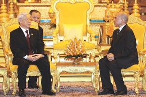 阮富仲總書記與柬埔寨國王西哈莫尼舉行會談。（圖源：越通社）