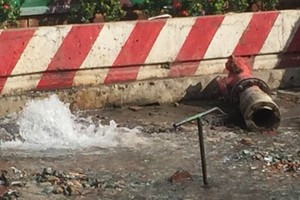 阮居貞-貢瓊街交通環島區域的一根消防栓被撞斷，導致水流不止。（圖源：互聯網）