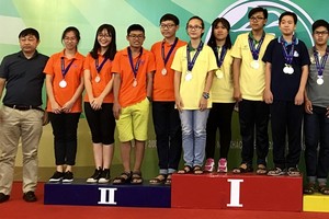 市象棋U15棋手們登上最高的領獎台上領獎並合影留念。