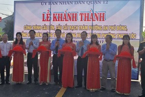 圖為第十二郡安富東坊“大”橋、迪簪橋、盛祿街上3個排水渠落成及詩攸橋通車儀式。（圖源：杜鸞）