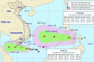 市防風抗洪與救援指委會昨(31)日要求各相關單位和地方開展各項主動防範、應對的措施。圖為兩股熱帶低氣壓來襲。（圖源：中央水文氣象預報中心）