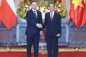 兩國元首友好握手。（圖源：越通社）