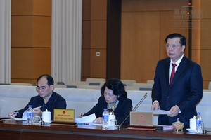 財政部長丁進勇在會上闡述有關撥款補充購買國家儲備大米的政府呈文。（圖源：Quochoi.vn）