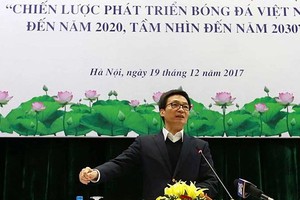 政府副總理武德膽出席落實發展越南足球至2020年的戰略與至2030年願景小結會議並發表指導意見。（圖源：光勝）