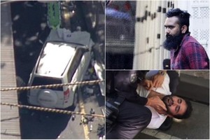 白色汽車（左圖）撞向行人與兩疑犯被捕。（圖源：互聯網）