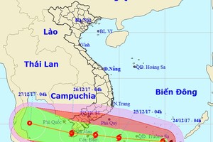 據中央水文氣象預報中心副主任黃德強表示，16號颱風有可能於本月25日晚至26日上午直接影響到陸地，預報影響範圍從平順省南面至金甌省。圖為16號颱風的移動方向。（圖源：中央水文氣象預報中心）