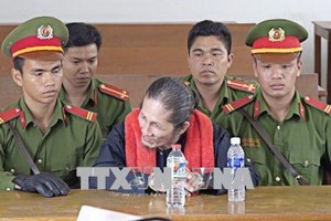 被告王文放(前中)在法庭隔離室出庭受審。