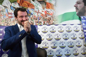 當地時間2018年3月5日，意大利米蘭，意大利北方聯盟黨領導人薩爾維尼出席新聞發佈會，面露微笑慶賀勝選。（圖源：互聯網）