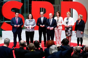 當地時間3月9日上午，德國社民黨(SPD)正式公佈了六位成員在安格拉·默克爾總理新聯合政府中擔任部長級職務。（圖源：路透社）