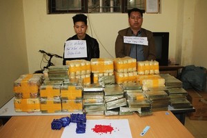 奠邊省摧毀特大販毒團夥。圖為被抓獲的2名販毒嫌犯及135塊海洛因、50萬粒冰毒等物證。（圖源：奠邊公安提供）