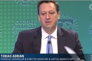 4月18日，在美國華盛頓，國際貨幣基金組織（IMF）貨幣和資本市場部門主管托比亞斯·阿德里安在發布會現場介紹半年度《全球金融穩定報告》。（圖源：視頻截圖）