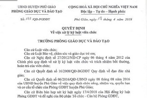 平陽省富教縣教育與培訓科對猥褻學生的英語教員陳文進作出革職的《決定》。（圖源：春安）