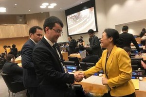 各國大使向我國駐聯合國代表團團長阮芳娥大使表示祝賀。（圖源：越通社）