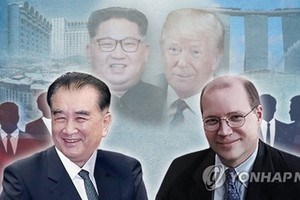 左為朝鮮國務委員會部長金昌善，右為美國白宮副幕僚長哈金（圖源：韓聯社）