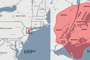 圖中描繪的是一顆直徑大約30米的小行星碰撞在紐約地區，造成的破壞範圍。