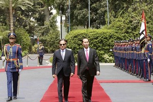 埃及總統塞西與國家主席陳大光檢閱儀仗隊。（圖源：越通社）