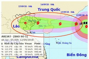 ５號颱風將進入北部灣並轉弱。圖中畫紅圈的為5號颱風的移動方向。（圖源：國家水文氣象預報中心）