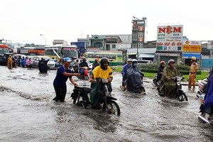 昨晨大雨又潮汛，導致本市多條街道嚴重水淹及堵車。圖為平新郡安樂環島區域嚴重受淹，許多機車引擎死火，交通堵塞綿延上千米長。（圖源：VOV）