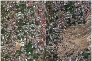 右圖：數千間房屋隨泥石流移動倒塌及被淹沒；左圖為強震及海嘯前拍攝影像。（圖源：互聯網）