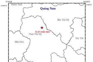 昨(21)日上午廣南省連續發生兩起地震。圖中星號表示震中位置。（圖源：地球物理院）
