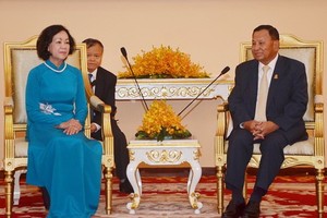 中央民運部長張氏梅（左）在柬埔寨首都金邊同柬埔寨人民黨副主席賽宗舉行會晤。（圖源：VOV）