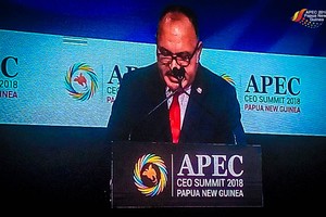 巴新總理奧尼爾在會議上呼籲APEC成員經濟體通過推動自由貿易、擁抱數字化等方式致力推動包容性增長。（圖源：APEC）