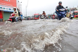 暴雨後的涇陽王街與安陽王街交路環島一片汪洋。