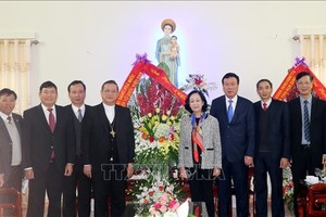 中央民運部長張氏梅（右四）同武廷校主教和裴洲教區主教座各位神職人員合照。（圖源：越通社）