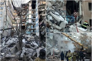 爆炸威力強大使大廈損毀嚴重，救援人員在場搜救。（圖源：互聯網）