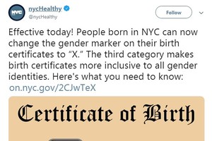紐約新法案生效，出生證明添第三性別“X”。（圖源：NYC Healthy粉絲專頁截圖）