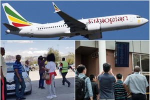 涉事客機（上圖）失事墜毀。家屬及親友到亞的斯亞貝巴（左下圖）及內羅畢（右下圖）機場等消息。（圖源：互聯網）