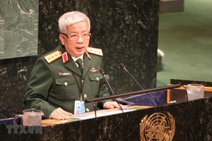 國防部副部長阮志詠上將在會議上上發言。（圖源：越通社）