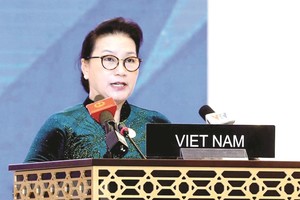 國會主席阮氏金銀在IPU-140上發表。（圖源：越通社）