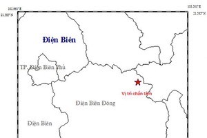 奠邊省發生里氏 2.7 級餘震。圖中星號表示震中位置。（圖源：地球物理院）