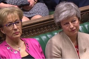 英國首相特雷莎·梅（右）與英下議院領袖利德索姆（左）。（圖源：AFP）